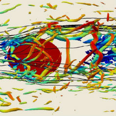 Graphic showing variously shaped coloured elements passing round a red oval